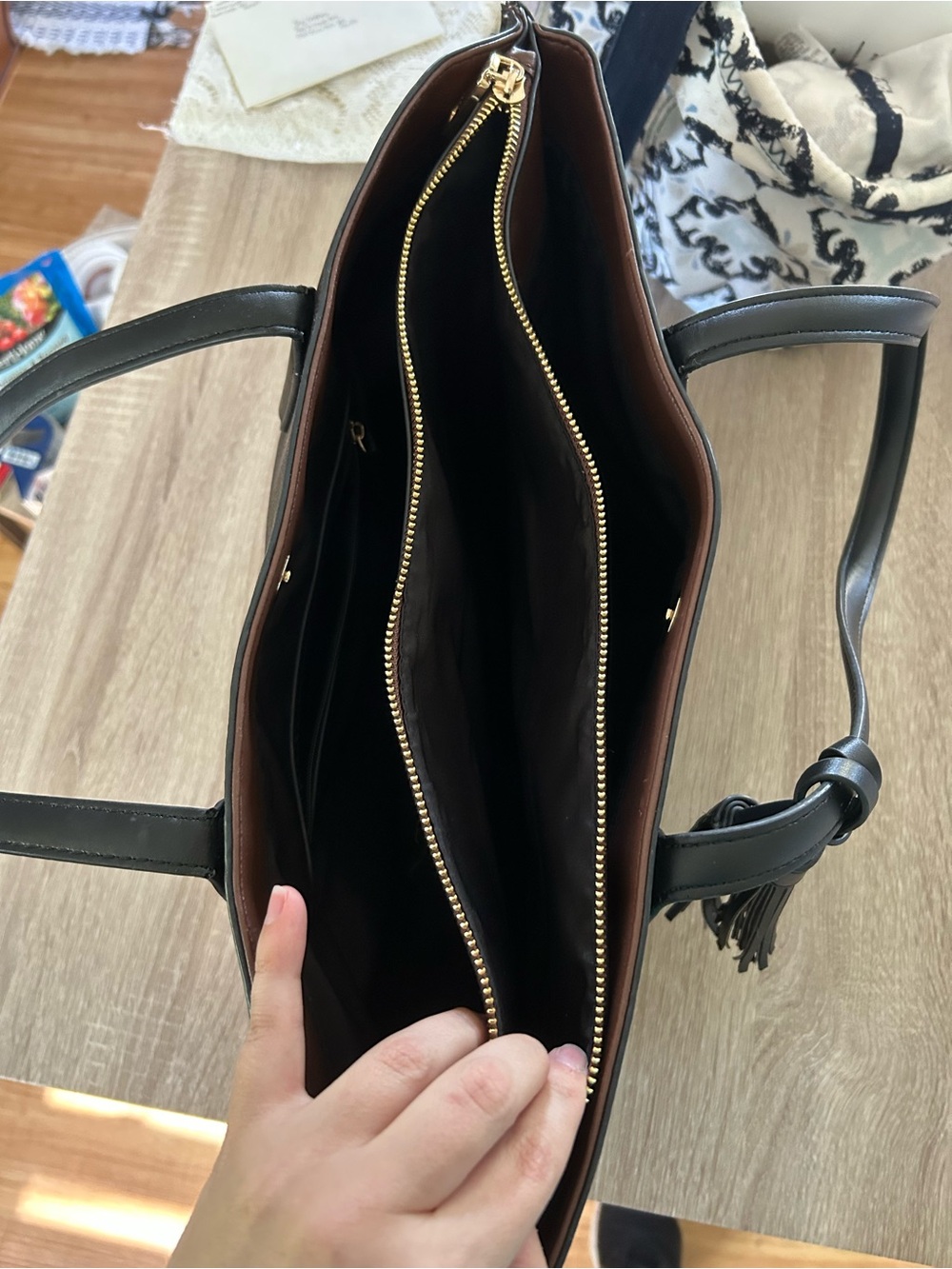 Nine West Brown Monogram Tote with Black Handles and Tassel - Picture 4 of 5